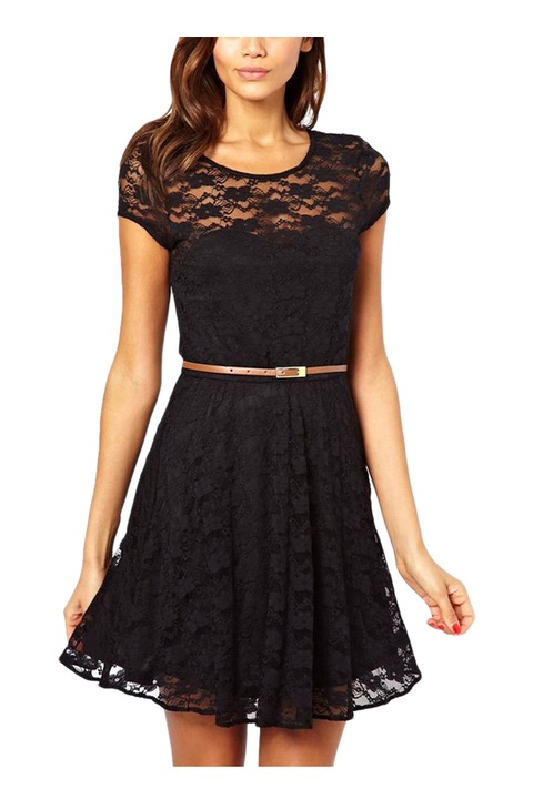Рокля Eviza, Дантела, Къс ръкав, Черна