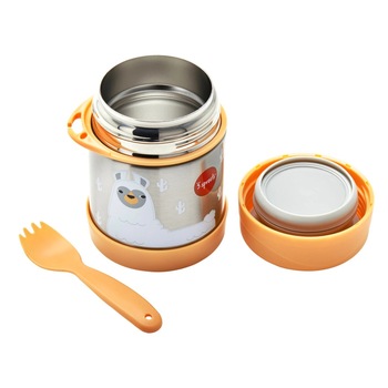 Cutie alimentara inox, 3Sprouts, cu lingura-furculita, culoare portocaliu/alb, model Lama, 335 ml Cutie alimentara inox, 3Sprouts, cu lingura-furculita, culoare portocaliu/alb, model Lama, 335 ml