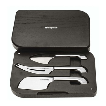 Set de 3 cutite pentru branza Legnoart, Polo, otel japonez de inalta calitate, cutie de lux din lemn, finisaj artizanal, inox/negru Set de 3 cutite pentru branza Legnoart, Polo, otel japonez de inalta calitate, cutie de lux din lemn, finisaj artizanal, inox/negru