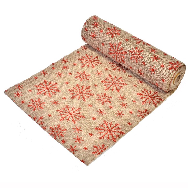 Tesatura Decorativa Craciun, Model Fulg, Culoare Bej cu Rosu Glitter, Dimensiune 5m x 24cm