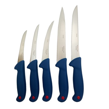Set 5 cutite profesionale pentru macelarie otel inoxidabil , diferite dimensiuni pentru dezosat, filetat, injunghiat Set 5 cutite profesionale pentru macelarie otel inoxidabil , diferite dimensiuni pentru dezosat, filetat, injunghiat