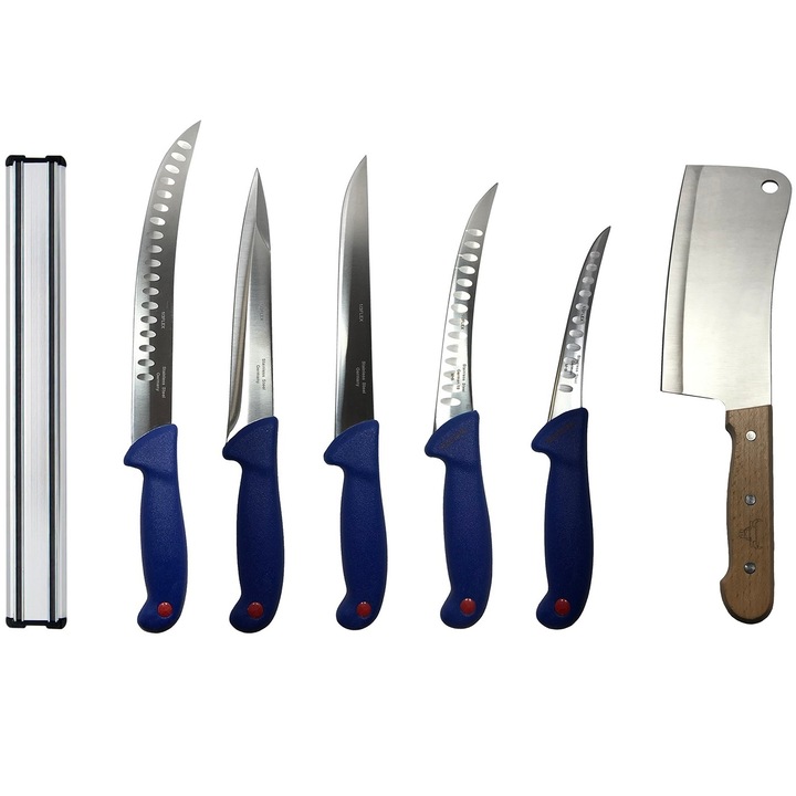 Professzionális hentes csomag - 7 db, 5 kés + hasító + mágneses tartó, DBD031