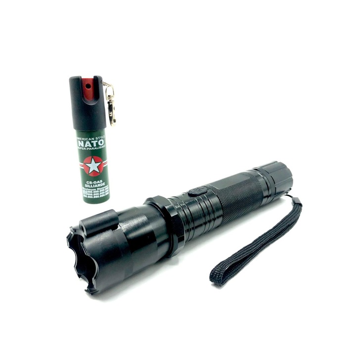 Kit Autoaparere format din Electrosoc cu Lanterna LED si laser, duraluminiu + Spray Paralizant NATO 20ml tip breloc