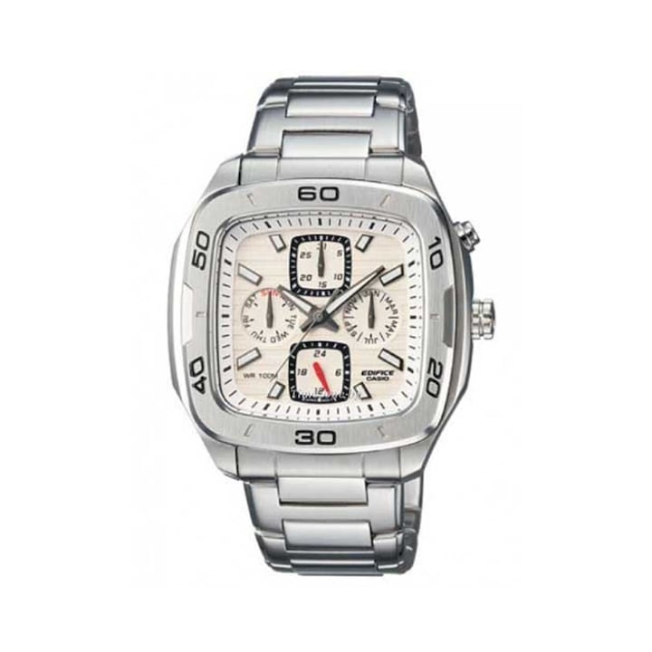 Ceas barbatesc Casio Edifice data, patrat, din otel inoxidabil, argintiu cu alb