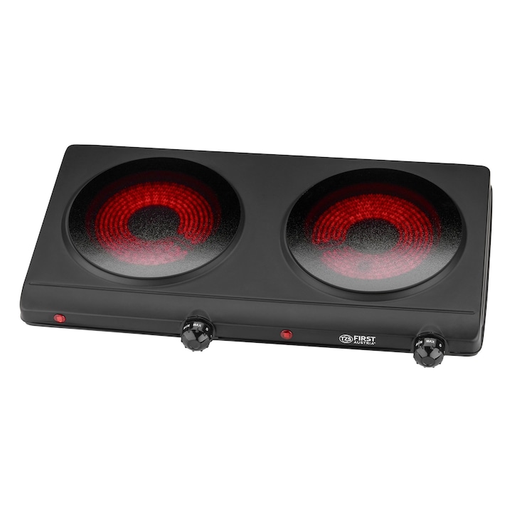 Plita infrarosu TZS First Austria 2500W | Vitroceramica, 2 zone Ø19,4 cm, portabila, termostat reglabil, camping & bucatarie