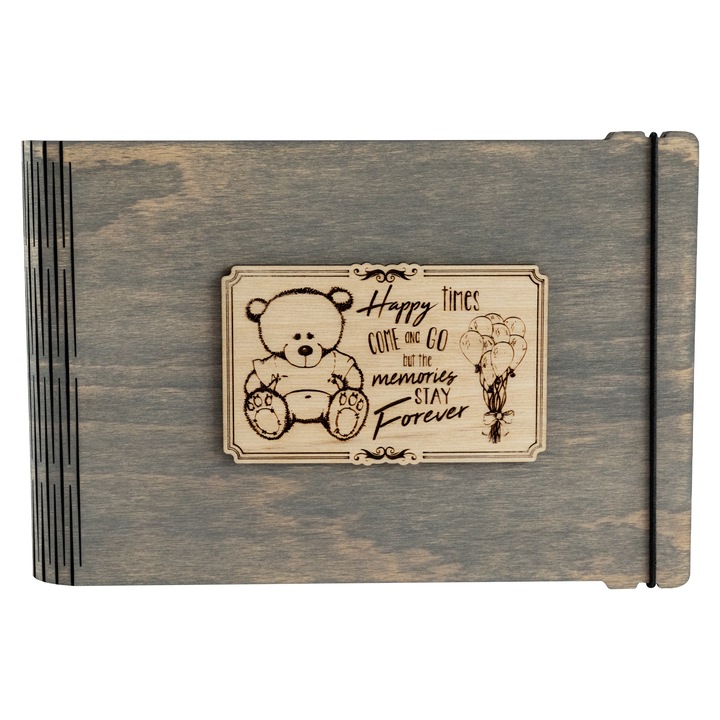 Album foto A5 din lemn, VintageBox, "Ursulet de plus - Happy time", gri