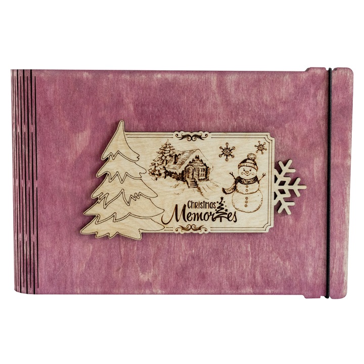 Album foto A5 din lemn, VintageBox, "Omul de zapada - Christmas Memories", roz
