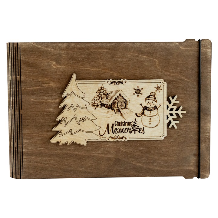 Album foto A5 din lemn, VintageBox, "Omul de zapada - Christmas Memories", nuc inchis