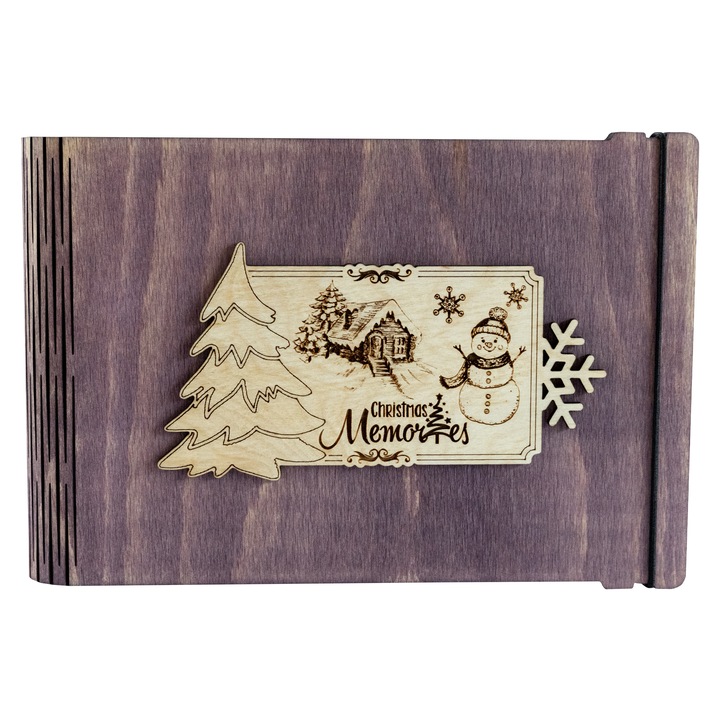 Album foto A5 din lemn, VintageBox, "Omul de zapada - Christmas Memories", mov