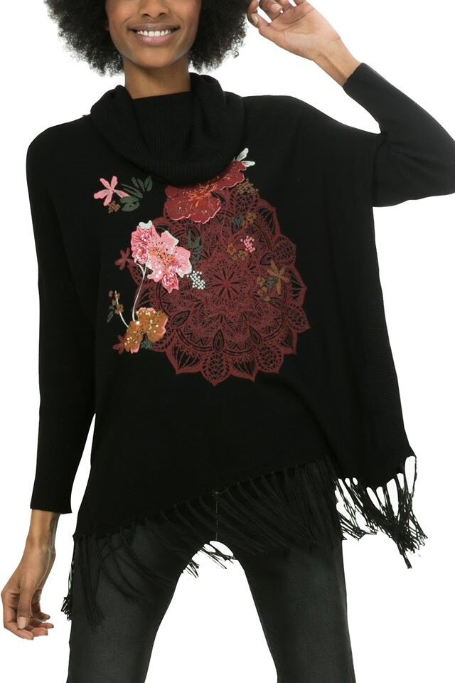 Bluza Desigual neagra, cu franjuri, cu maneci lungi, Negru, 36