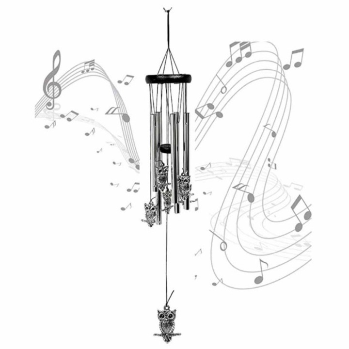 Szélcsengő 5 fém csöves, házhoz vagy kerthez, Feng Shui modell 5 baglyokkal, ezüstszín