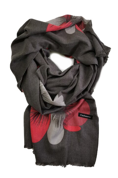 Esarfa casmir,Flowers, toamna-iarna, gri inchis, imprimeu floral