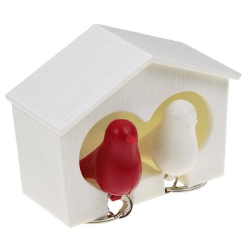 Suport chei duo casuta si breloc pasare cu fluier, alb-rosu, Duo Sparrow Key Ring, T3369 Suport chei duo casuta si breloc pasare cu fluier, alb-rosu, Duo Sparrow Key Ring, T3369
