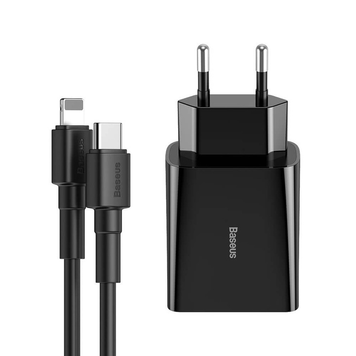 Захранване за ел. мрежа Baseus Speed Mini PD Wall Charger 18W, с USB-C към Lightning кабел, черен