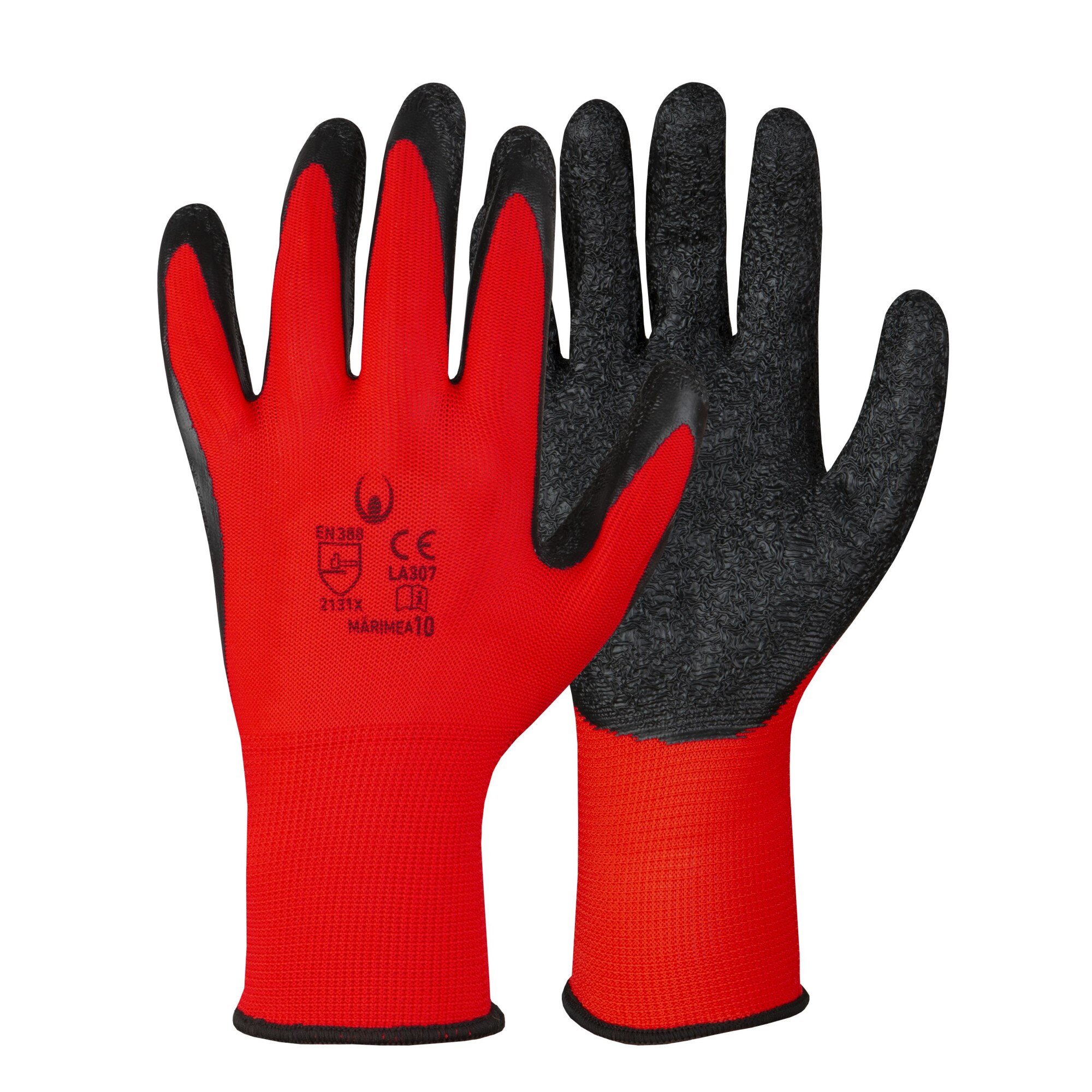 Set 12 perechi de manusi Martela de protectie marimea L rosii cu negru fabricate din poliestier acoperite cu latex