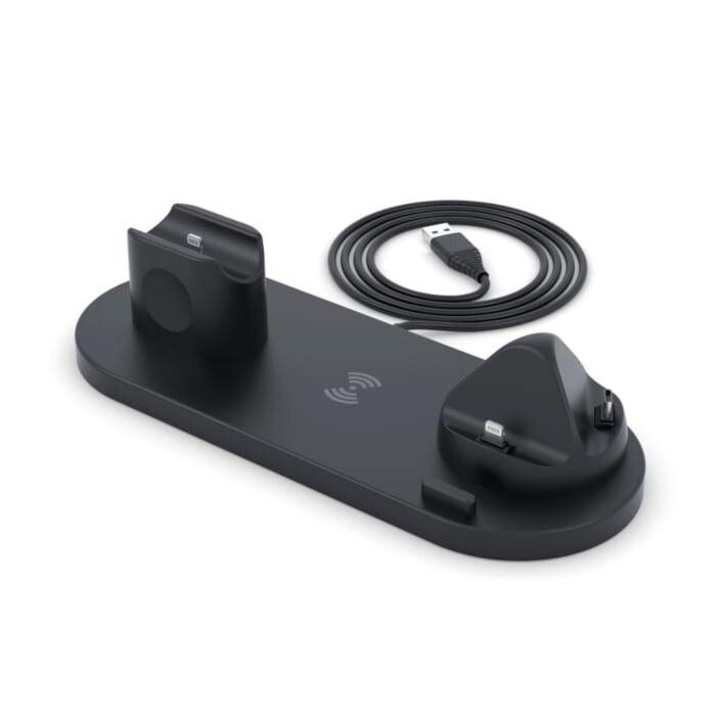 Универсално безжично зарядно устройство, 10W BXD-07C 4in1 Qi Super Fast Charge 3A, адаптер 3.1A, Android, iOS, за телефон, часовник и слушалки, черен, марка Yigo