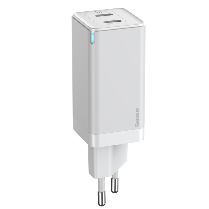 Incarcator retea Baseus GaN Mini, 2x USB-C, Quick Charge, 45W, LED, Cablu USB-C 1m inclus, Alb