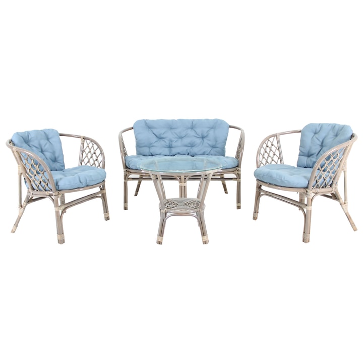 Set mobilier gradina cu 2 scaune si canapea, Bahama Gri, Lemn/Sticla, perne albastre