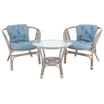 Set mobilier gradina cu 2 scaune si masa, Bahama Gri, Lemn/Sticla, perne albastre Set mobilier gradina cu 2 scaune si masa, Bahama Gri, Lemn/Sticla, perne albastre