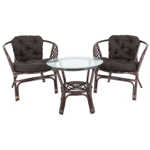 Set mobilier gradina cu 2 scaune si masa, Bahama Choco brown, Lemn/Sticla, perne incluse