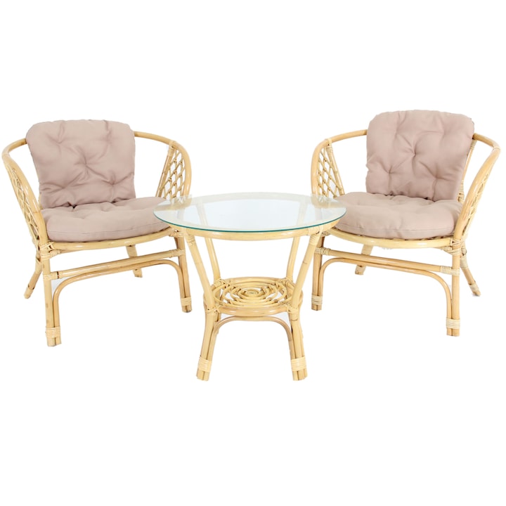 Set mobilier gradina cu 2 scaune si masa, Bahama Honey, Lemn/Sticla, perne incluse