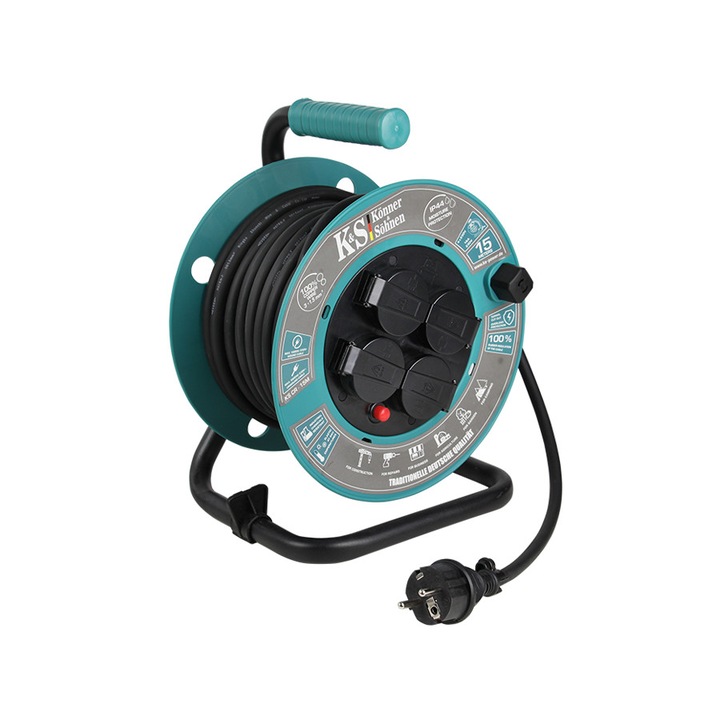 Удължителен кабел с макара KÖNNER & SÖHNEN KS CR-15M, 3000 W, 4x16А/230V, 3x1.5 mm2, IP44 с дължина на кабела 15 метра