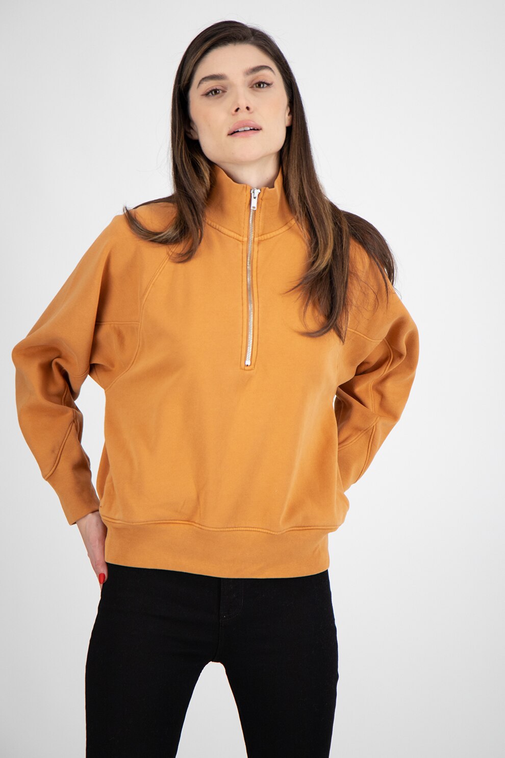 GAP, Bluza sport cu guler scurt cu fermoar, Maro caramel, L