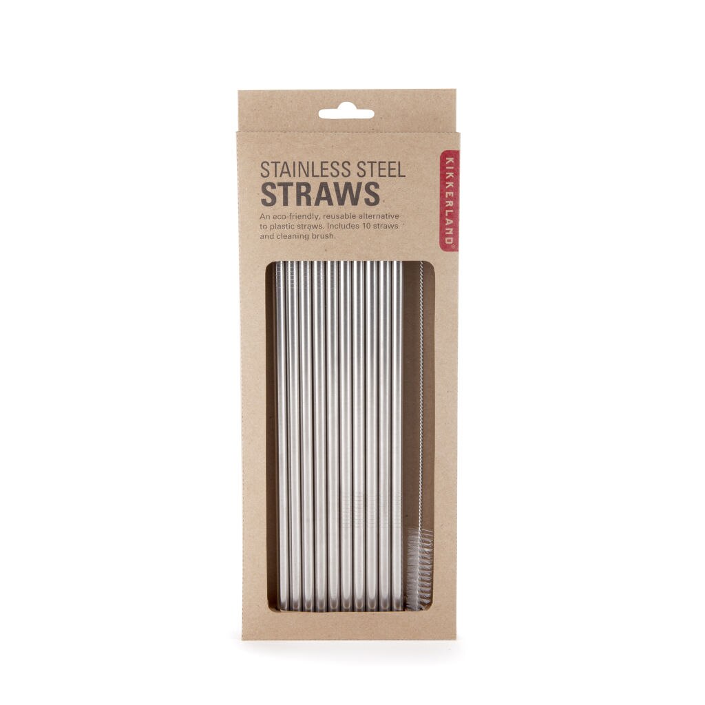 Set paie metalice reutilizabile, inox, Kikkerland, 10 paie, 23.5 cm, 1 perie de curatat, argintiu