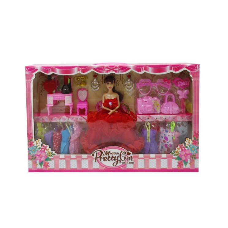 Set Papusa cu garderoba si accesorii, 50 x 36 cm,38 piese