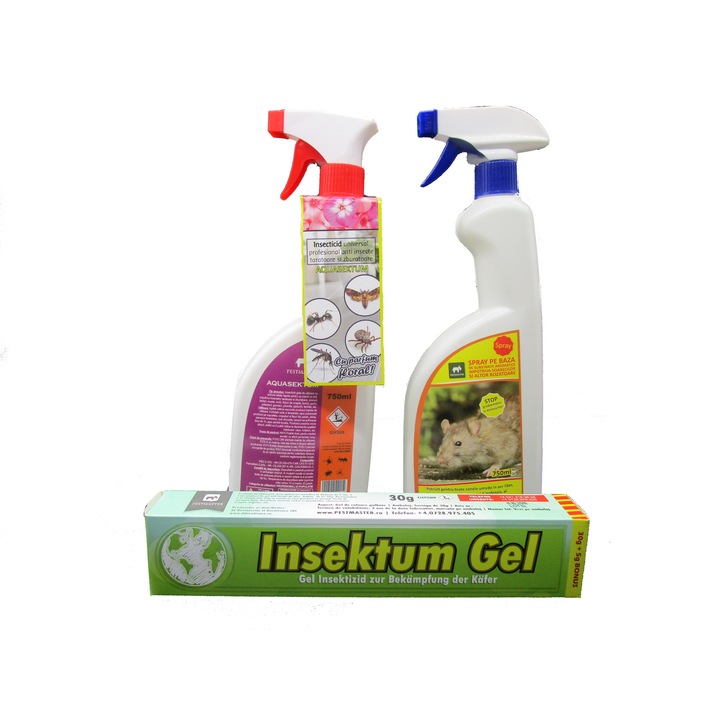 Pachet pentru combatere daunatori, 1 buc Aquasektum 750 ml+ 1 buc Spray soareci 750 ml+ 1 buc Insektum gel 35 gr
