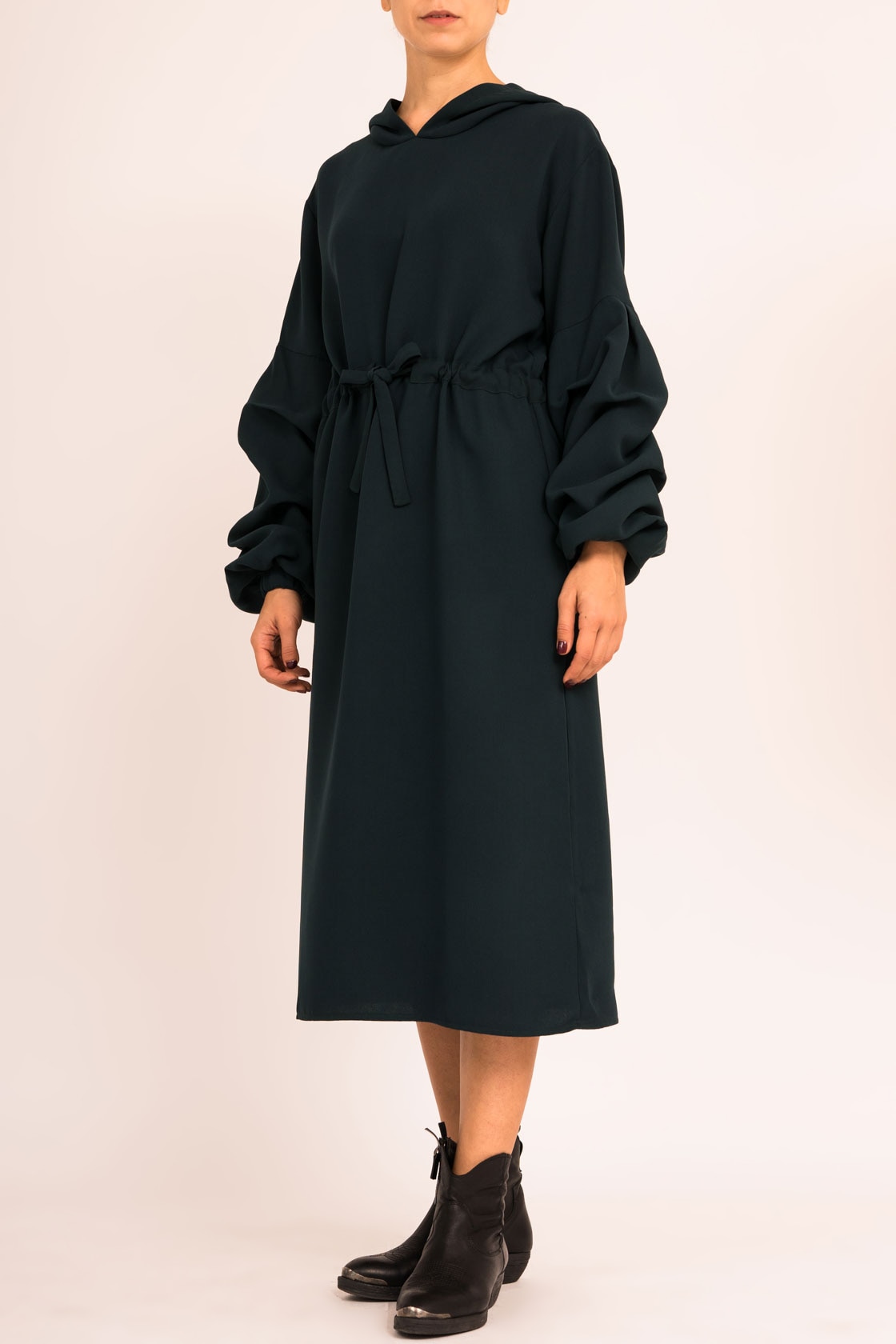 BLUZAT, Rochie midi tip hanorac cu snur in talie, Verde forest