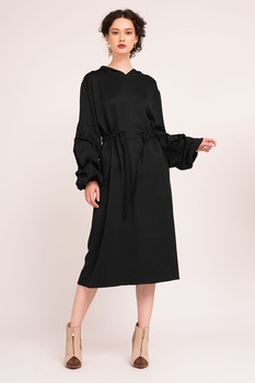 BLUZAT, Rochie midi tip hanorac cu talie ajustabila, Negru BLUZAT, Rochie midi tip hanorac cu talie ajustabila, Negru