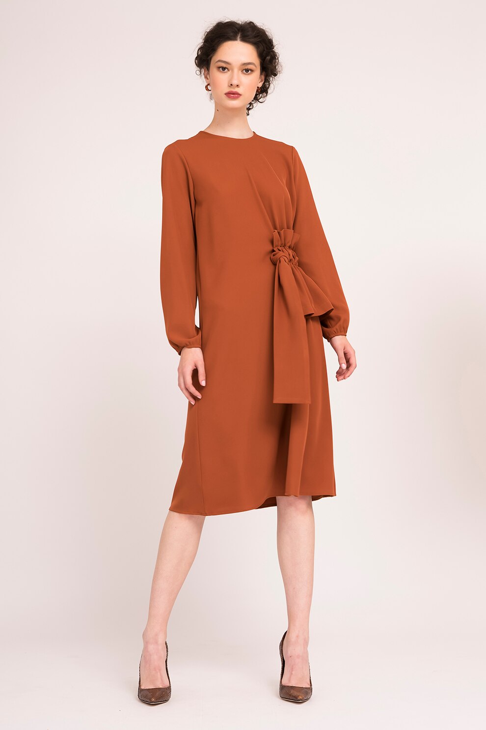 BLUZAT, Rochie midi cu talie ajustabila, Oranj stins, M