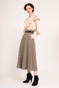 BLUZAT, Fusta midi din amestec de lana cu model in carouri, Maro/Negru/Oranj, XS BLUZAT, Fusta midi din amestec de lana cu model in carouri, Maro/Negru/Oranj, XS