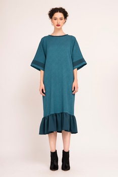 BLUZAT, Rochie lejera cu imprimeu si terminatie cu volane, Albastru petrol BLUZAT, Rochie lejera cu imprimeu si terminatie cu volane, Albastru petrol