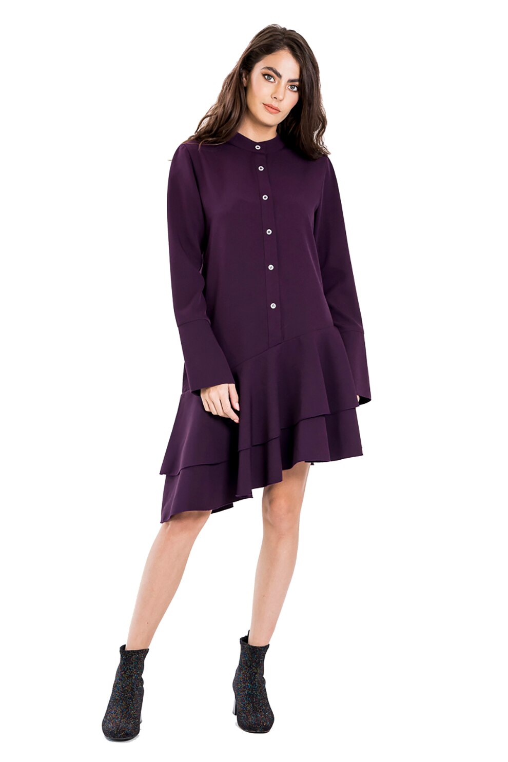 BLUZAT, Rochie evazata cu nasturi, Violet aubergine