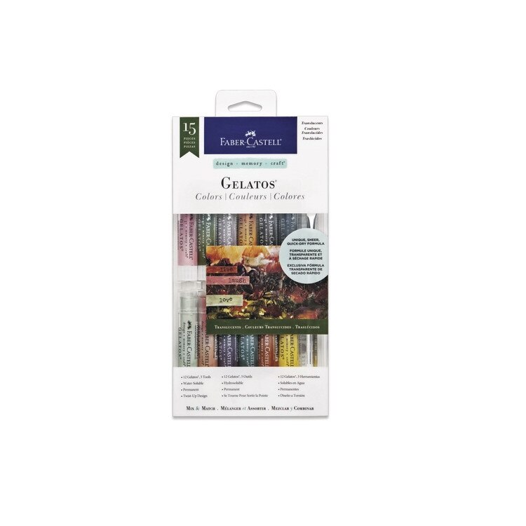 Set 12 Pasteluri Solubile Gelatos si 3 Accesorii Culori Translucide Faber-Castell