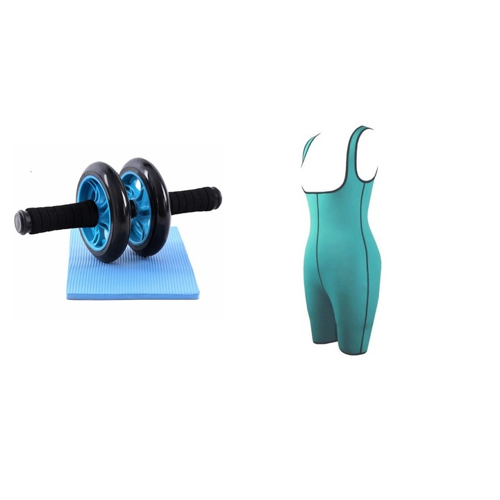 Pachet promo pentru fitness, contine roata mobila pentru exercitii abdominale, orice nivel de pregatire, covor protectie genunchi inclus si Costum pentru slabire si remodelare, marimea L