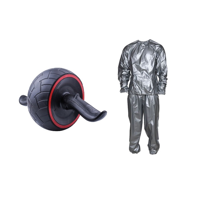 Pachet promo pentru fitness, contine, roata pentru exercitii abdomen, orice nivel de pregatire, covor protectie genunchi inclus si Costum din 2 piese pentru slabit marime M