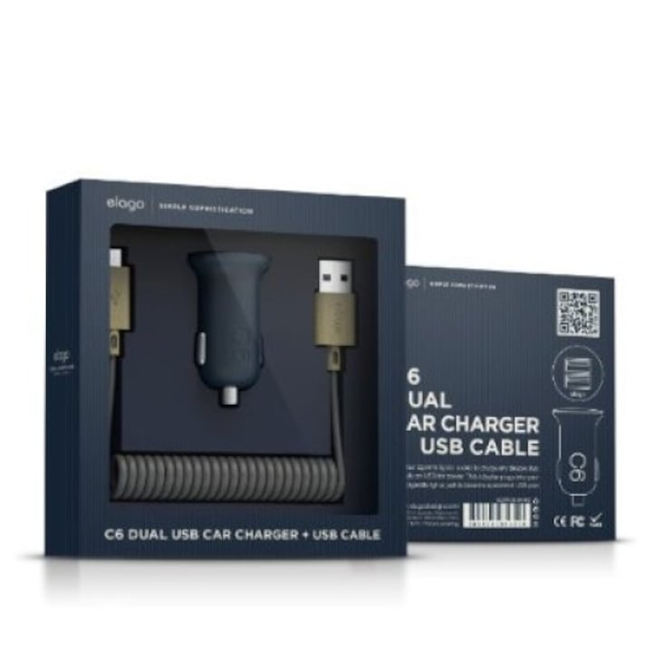 Elago C6 Dual USB Car Charger - зарядно за кола с microUSB кабел за Samsung, HTC, LG, Sony и устройства с microUSB (син)