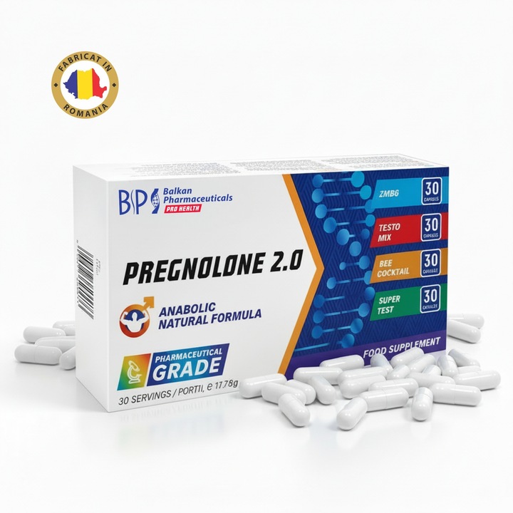 Supliment alimentar Pregnolone 2.0, 4x30 de capsule, Balkan Pharmaceuticals®, fara hormoni sintetici, suport hormonal natural, sustine testosteronul, libidou si sanatatea prostatei, energie si vitalitate, certificare GMP
