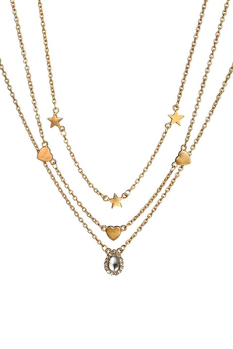 Colier Multilayer triplu, medalion picatura cu cristale, stelute si inimioare, Auriu