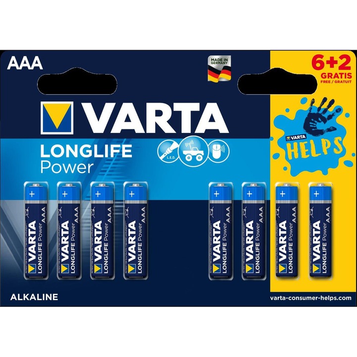 Baterii Alcaline Varta Helps Longlife Power, AAA, 6 + 2 buc