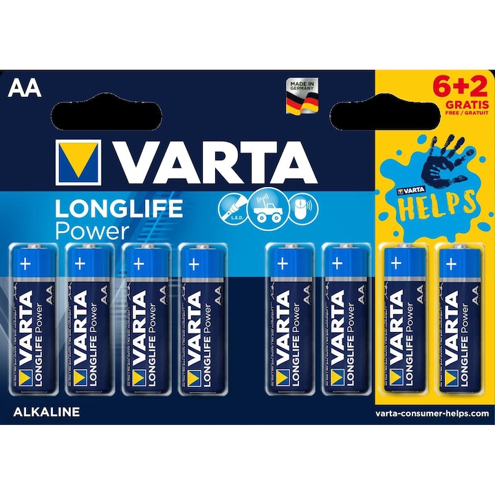 Baterii Alcaline Varta Helps Longlife Power, AA, 6 + 2 buc