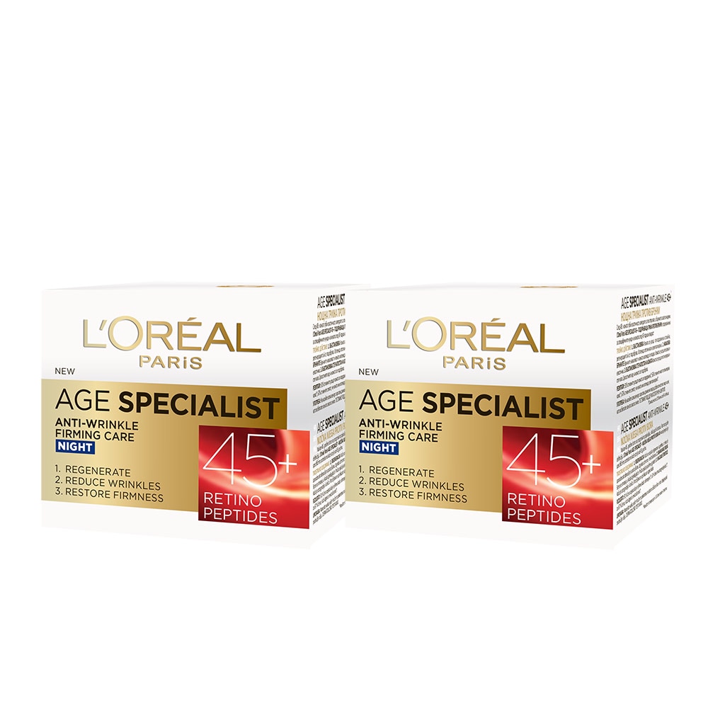 Pachet promo L'Oreal Paris: 2 x Crema antirid de noapte Age Specialist 45+, 50 ml