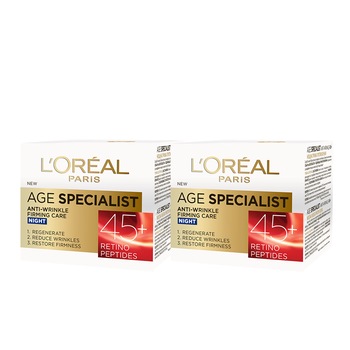 Pachet promo L'Oreal Paris: 2 x Crema antirid de noapte Age Specialist 45+, 50 ml Pachet promo L'Oreal Paris: 2 x Crema antirid de noapte Age Specialist 45+, 50 ml