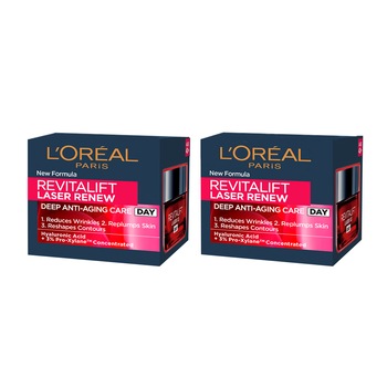 Pachet promo L'Oreal Paris: 2 x Crema antirid de zi Revitalift Laser Renew, 50 ml Pachet promo L'Oreal Paris: 2 x Crema antirid de zi Revitalift Laser Renew, 50 ml