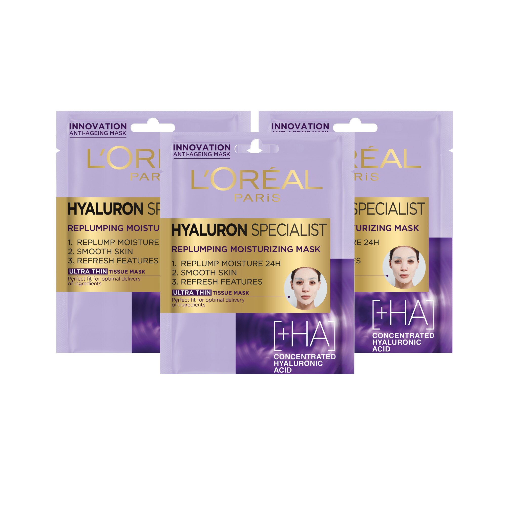 Pachet promo L'Oreal Paris: 3 x Masca servetel Hyaluron Specialist hidratanta pentru volumul tenului, 32 g