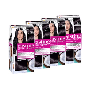 Pachet promo L'Oreal Paris: 4 x Vopsea de par semi-permanenta fara amoniac Casting Creme Gloss 100 Negru Intens, 180 ml Pachet promo L'Oreal Paris: 4 x Vopsea de par semi-permanenta fara amoniac Casting Creme Gloss 100 Negru Intens, 180 ml