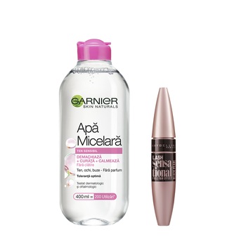 Set Apa micelara Garnier pentru ten sensibil, 400 ml + Mascara Maybelline New York Lash Sensational Black, 9.5 ml Set Apa micelara Garnier pentru ten sensibil, 400 ml + Mascara Maybelline New York Lash Sensational Black, 9.5 ml